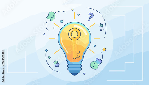 Vivid vector illustration of a creative concept, featuring a glowing light bulb with a golden key inside, symbolizing unlocking ideas and innovation, surrounded by abstract shapes, question marks