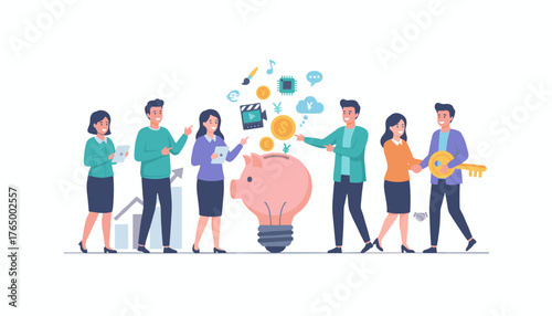 Diverse team of professionals collaborating on a business idea, symbolized by a piggy bank lightbulb, coins, and digital icons, representing innovation, investment, and success in a modern office