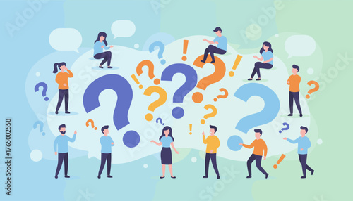 Vector illustration concept of frequent questions and answers, people thinking and communicating with question marks and speech bubbles, symbolizing problem solving and brainstorming in a business or