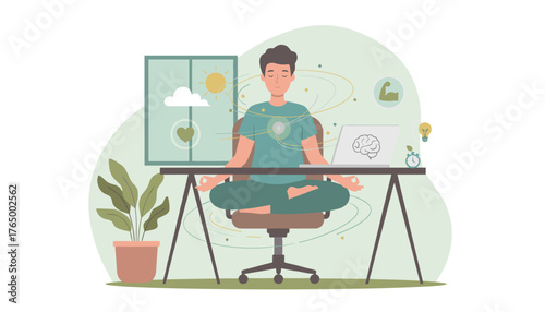 Vivid vector illustration depicting a man meditating in a lotus pose at his desk, surrounded by swirling energy lines, symbolizing mental clarity, focus, and well-being amidst a work environment with