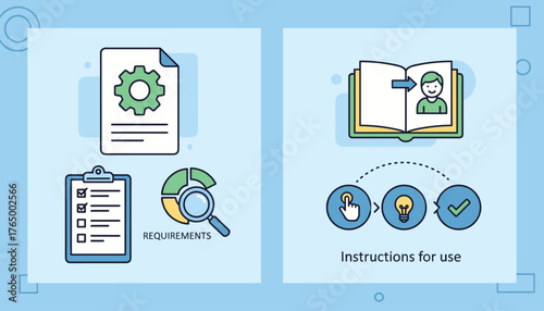 Vector illustration of a document with a gear icon, a clipboard with a checklist, and a pie chart with a magnifying glass, representing requirements and specifications, alongside a book with an arrow