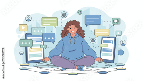 Vivid flat-style vector illustration depicting a young woman meditating amidst a digital network of communication, surrounded by speech bubbles, smartphones, tablets, and social media icons