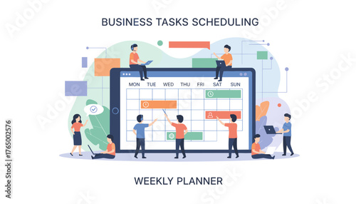Vector illustration of little people characters making a weekly planner on a giant tablet, symbolizing business tasks scheduling, time management, and efficient workflow organization with digital
