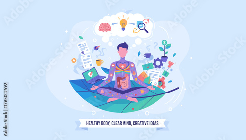 Vibrant vector illustration depicting a person meditating in a lotus pose on a large leaf, symbolizing a healthy body and clear mind, surrounded by elements representing creative ideas, work, and