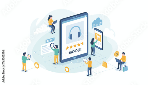 Vivid isometric vector illustration depicting a team of diverse characters engaging with digital devices, showcasing positive customer feedback with star ratings and a "GOOD!" message on a large