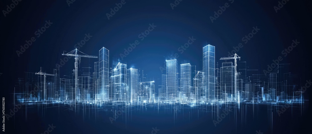 Fototapeta premium Skyscrapers are illustrated in a wireframe style, highlighting architectural details and structure against a deep blue backdrop