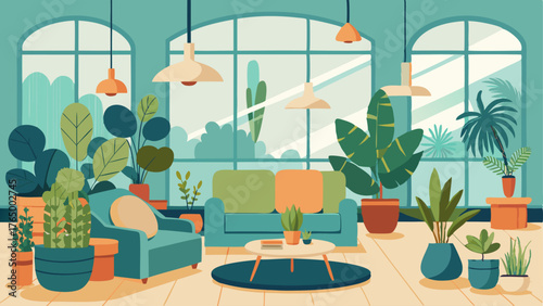 A cozy living room with floortoceiling windows filled with potted plants of all sizes and shapes.