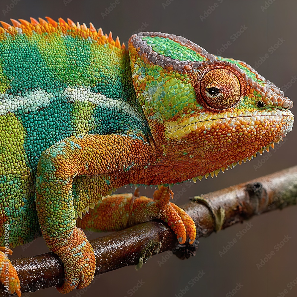Obraz premium Closeup of a vibrant chameleon with intricate patterns and textures, perched on a branch, showcasing its unique reptilian features and colorful scales in sharp detail
