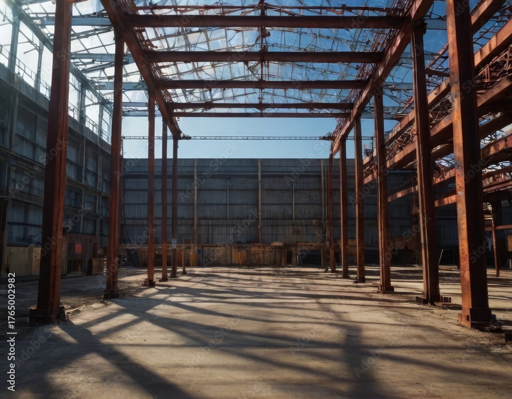 Fototapeta premium Abandoned industrial warehouse interior with rusty steel structure