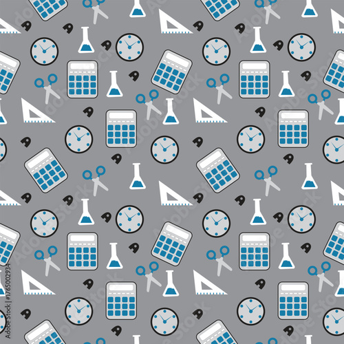 Modern seamless education background featuring calculators clocks scissors rulers and lab flasks on gray perfect for school designs classroom themes and academic wallpapers