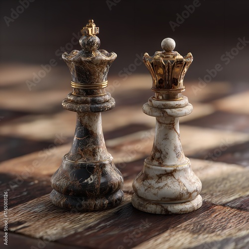 Two ornate chess pieces, a king and a queen, stand on a wooden chessboard, symbolizing strategy and competition