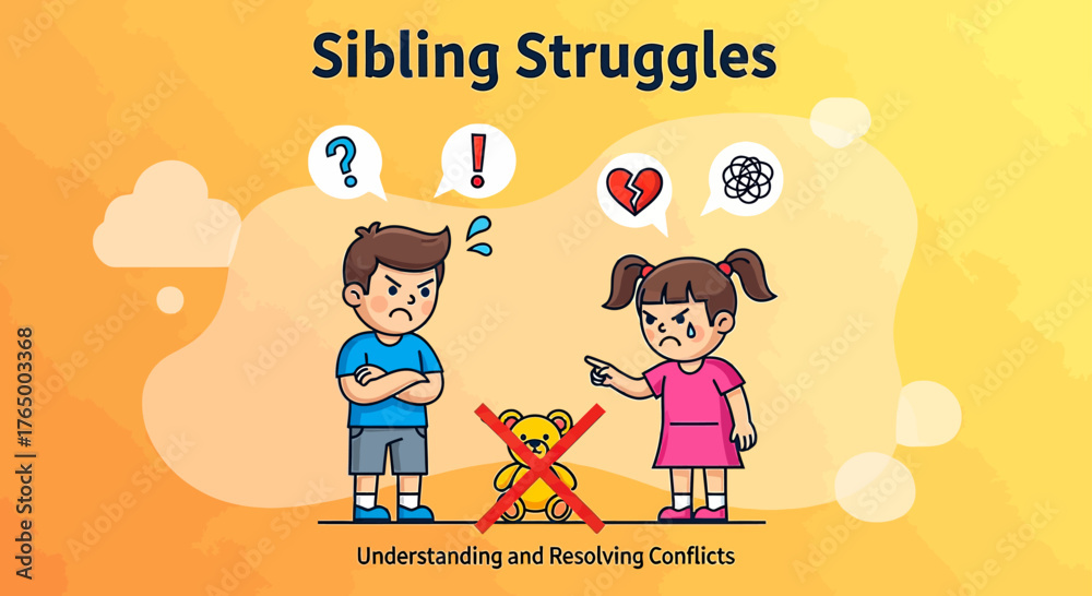 Fototapeta premium Illustrative sibling rivalry showing upset young girl and angry boy, conflict resolution, family dynamics, children's emotions, understanding feelings, promoting positive relationships, parenting tips