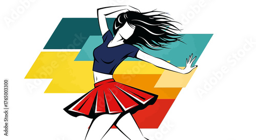 Dynamic dancer in motion with retro style, perfect for vibrant designs and creative projects, showcasing energy, freedom, and the joy of movement, ideal for fashion and art