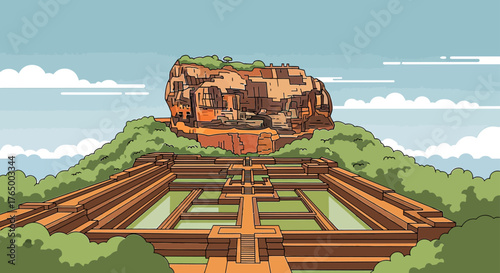 Explore the ancient wonder of Sigiriya Rock Fortress in Sri Lanka, a captivating view of historical architecture, lush gardens, and a stunning landscape under a sunny sky