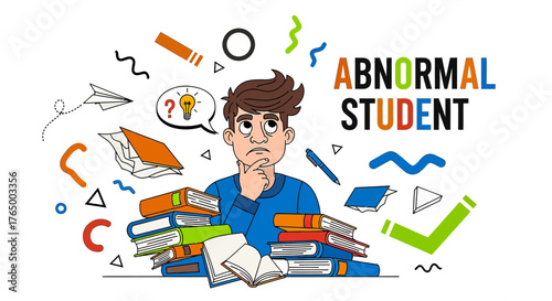 Stressed student surrounded by books, searching for answers and struggling with studying, ideal for education, learning concepts, and academic challenges in modern design
