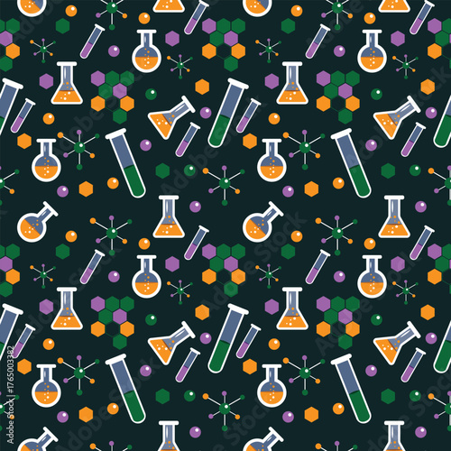 Vibrant seamless science background featuring colorful flasks test tubes molecules and hexagons on dark surface ideal for school education posters and scientific themed designs