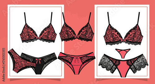 Explore the elegant allure of lingerie fashion design with these beautiful bra and panty sets featuring delicate lace and modern silhouettes, perfect for runway shows and style guides