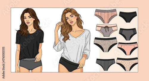 Explore essential style with these chic women's underwear designs, perfect for fashion illustrations, apparel catalogs, or modern clothing brand visuals showcasing comfort and style for every woman.