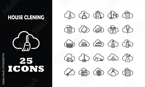 Sparkle and shine with this comprehensive collection of 25 modern house cleaning icons, perfect for illustrating spotless homes and professional services.