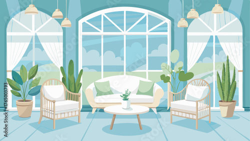 A bright and airy sunroom with white wicker furniture potted succulents and curtains.