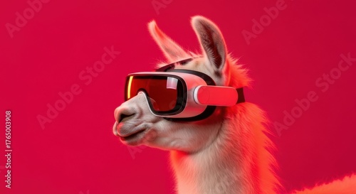 Llama wearing virtual reality goggles against a vibrant pink background captures attention and creativity