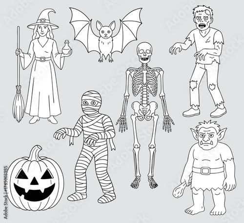 Halloween line drawings. Vector art, outline vector collection, linear style. Set includes a witch, zombie, mummy, bat, troll, jack-o-lantern, and skeleton,