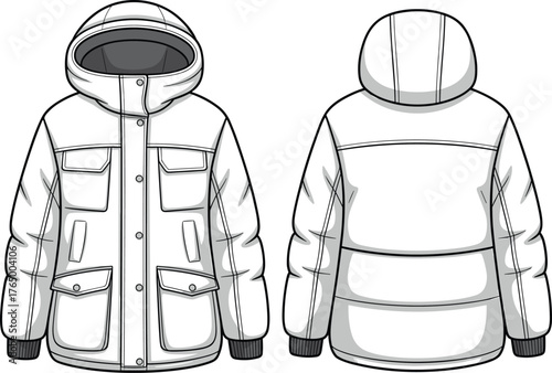Winter parka jacket flat sketch, hooded outerwear design, fashion technical drawing, warm padded coat template, detailed apparel vector illustration