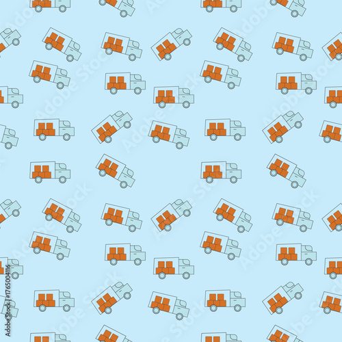 Minimal seamless delivery background featuring blue trucks carrying brown boxes on light blue color perfect for transport shipping logistics and warehouse themed designs