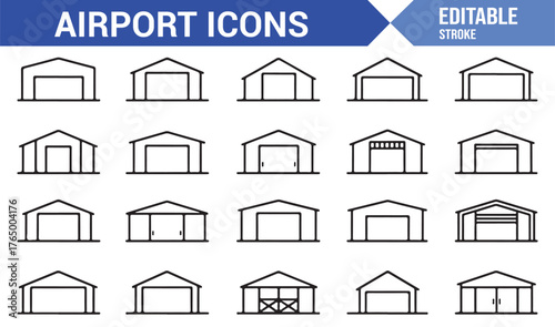 Minimal Airport Architecture Icons Set — Editable Vector of Terminals, Hangars, and Transport Structures