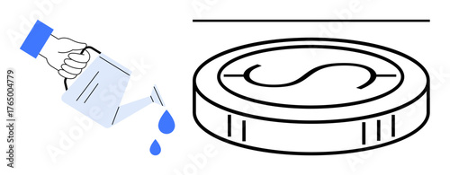 Hand pouring water from watering can onto large coin symbolizing financial growth, investment nurturing, and opportunity building. Ideal for finance, investment, growth, savings, resource use