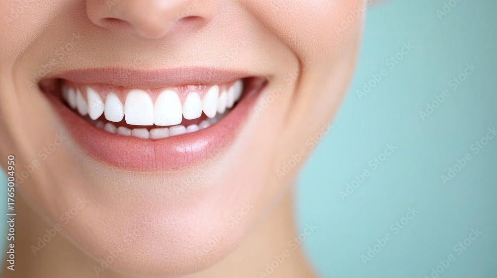 Obraz premium Bright smile of a happy woman against a soft blue background showcasing dental health and confidence