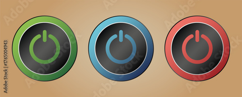Power switch button. power button icon. On off power button. A set of three round buttons with backlight and power symbols. User interface elements for apps and websites. EPS10 Vector illustration