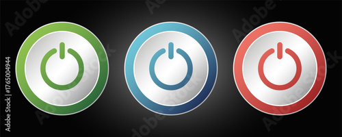 Power switch button. power button icon. On off power button. A set of three round buttons with backlight and power symbols. User interface elements for apps and websites. EPS10 Vector illustration