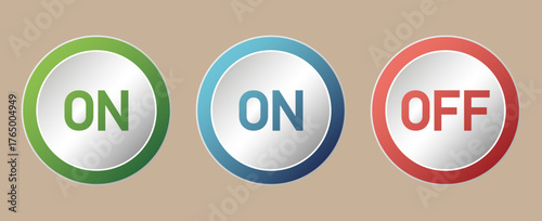 Power switch button. power button icon. On off power button. A set of three round buttons with backlight and power symbols. User interface elements for apps and websites. EPS10 Vector illustration
