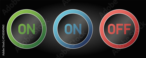 Power switch button. power button icon. On off power button. A set of three round buttons with backlight and power symbols. User interface elements for apps and websites. EPS10 Vector illustration