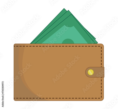 Wallet with money. Minimalist wallet icon. Brown leather wallet with green bills. Concepts of finance, payments, savings, income, and business. EPS10 Vector illustration