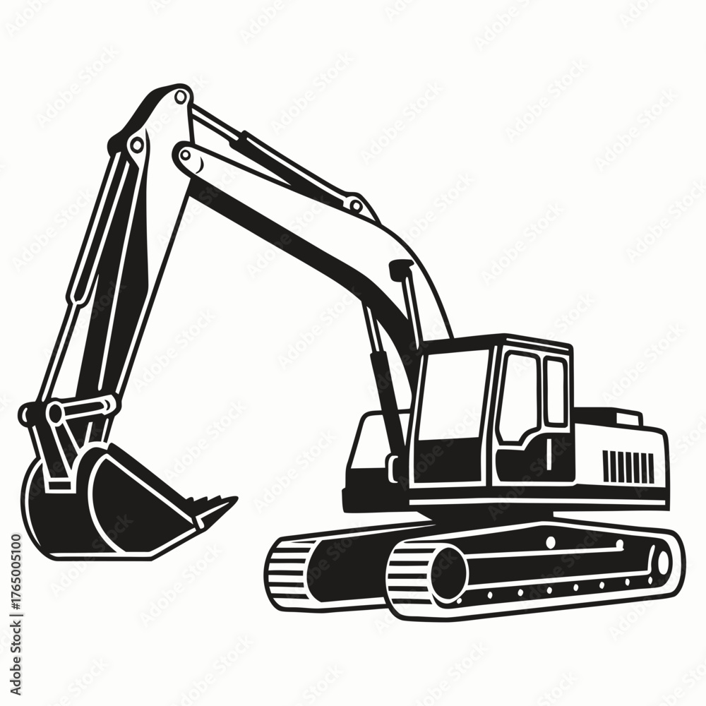 Fototapeta premium Bold black silhouette of a powerful excavator digging heavy construction machinery equipment outline