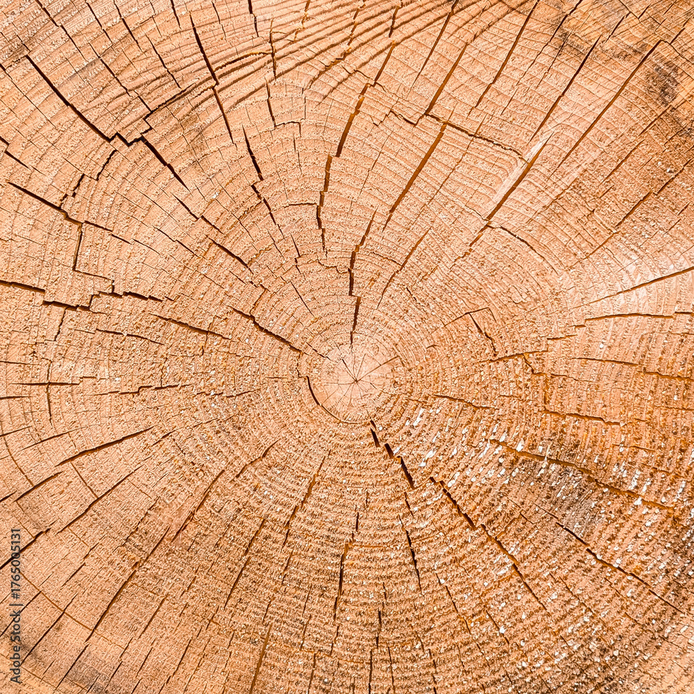 Fototapeta premium Tree rings close-up showing growth pattern and cracked wood texture