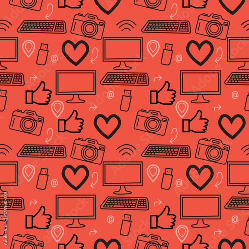 Modern seamless social media background featuring computers cameras hearts likes and keyboards on red color perfect for digital communication web design and creative tech projects