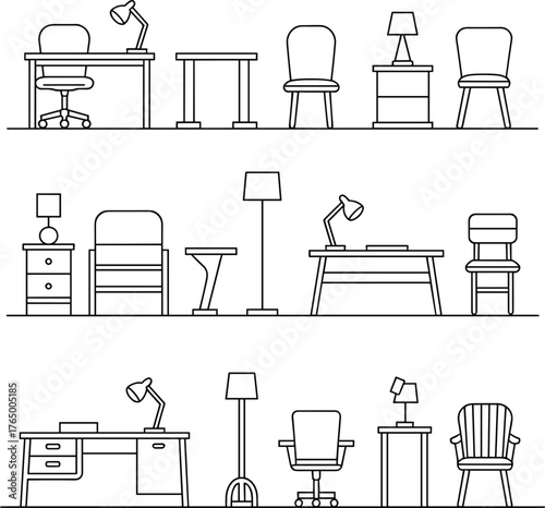 Cad drawing flat vector illustration of furniture set, tables, chairs, lamps and desks, interior design line art collection