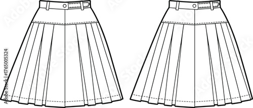 Cad drawing flat vector illustration of pleated skirt fashion design, technical apparel sketch template, front and back clothing view