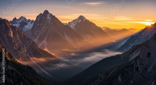 Majestic mountain range during sunrise, mist rolling through valleys, warm golden light, detailed natural landscape, serene and inspiring atmosphere