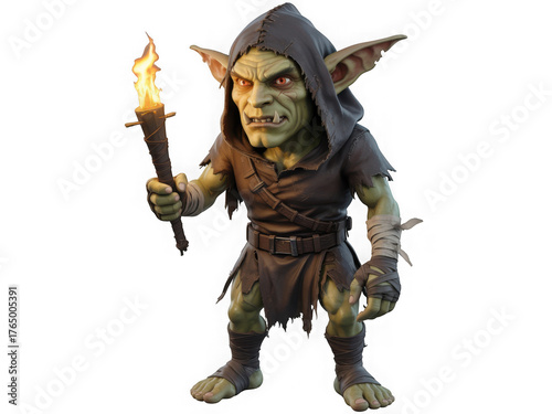 Fantasy creature goblin holding burning torch illuminated dark dungeon adventure quest