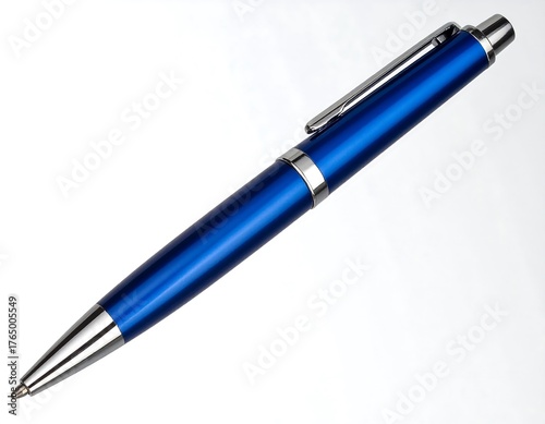 A close-up shot of a stylish blue ballpoint pen with silver accents