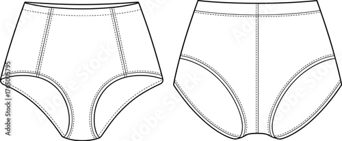 Women’s high waist underwear CAD drawing flat vector illustration, lingerie fashion technical sketch, seamless briefs template for apparel design