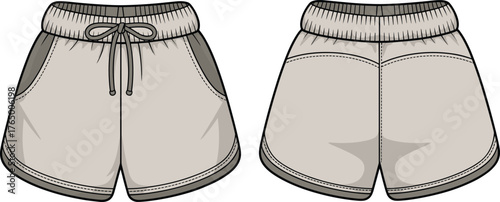 Women’s sporty shorts vector template, casual drawstring design with elastic waistband, activewear fashion illustration, front and back technical flat