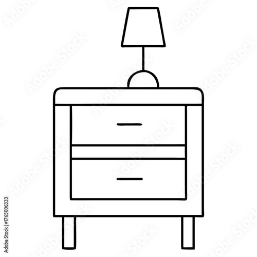 3d icon of simple line drawing of a bedside table with two drawers and a lamp on top