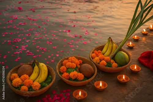 Traditional ritualistic offerings in woven baskets with bananas, coconuts, marigold flowers, and sugarcane stalks placed on the river bank with lit diyas for happy chhath puja