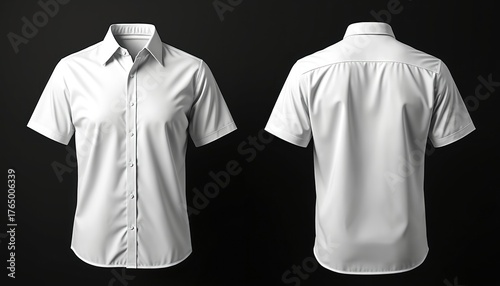 Plain white short sleeve button up shirt front and back view. Classic collared casual or formal top. Versatile apparel essential for any wardrobe. Perfect for summer.