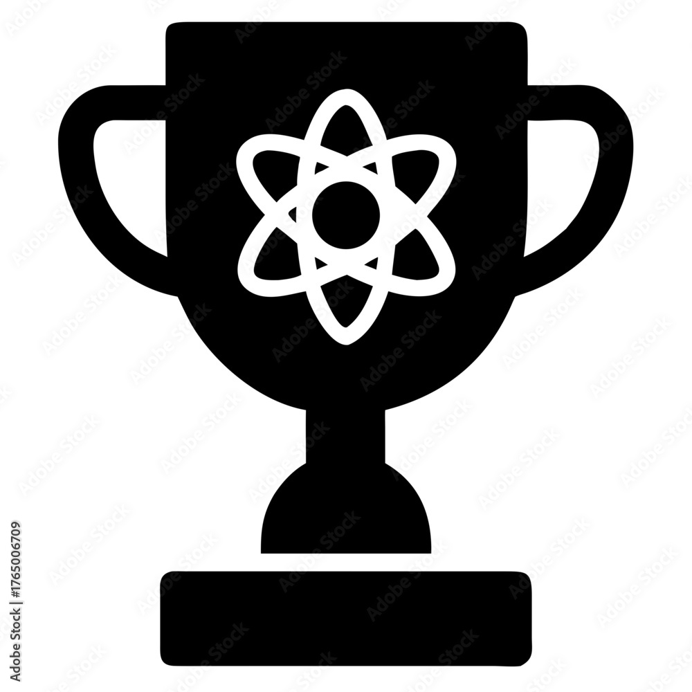 Obraz premium 3d icon of a black and white icon of a trophy with an atom symbol on it